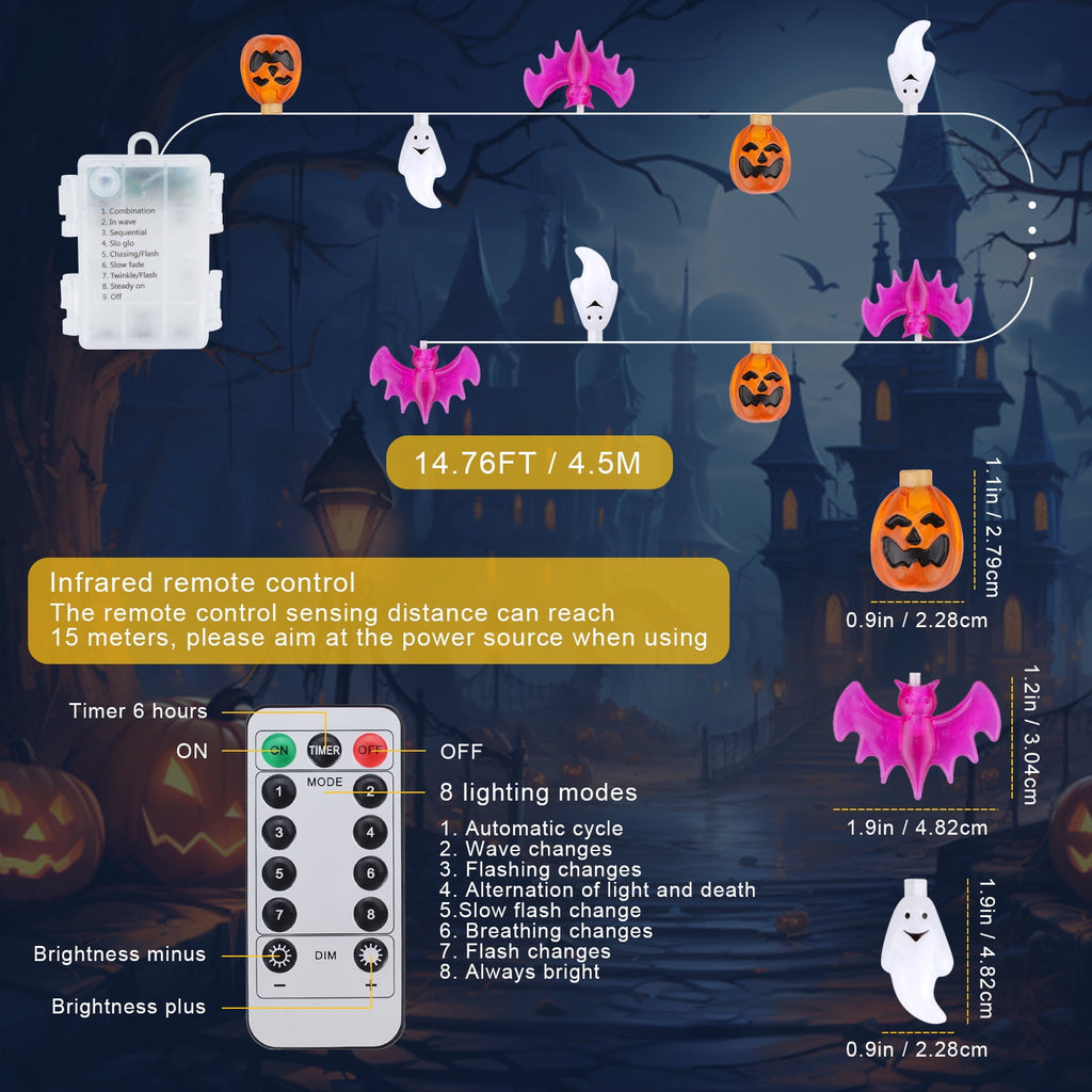 Oziral Halloween Lights Outdoor Indoor 14.76 ft 30 LED Pumpkin Bat Ghost Battery Operated String Lights Waterproof Halloween Decorations,8 Modes,Timer