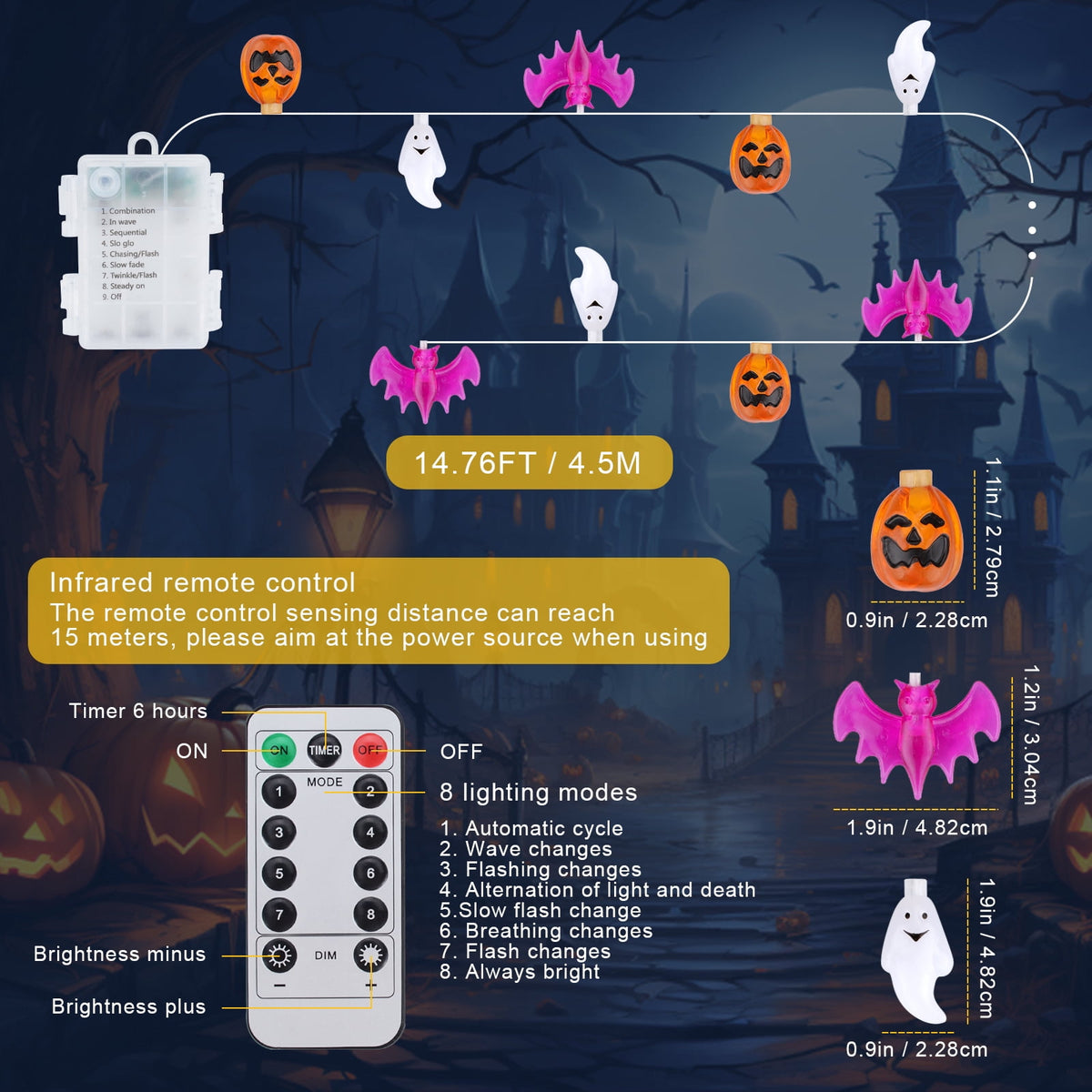 Oziral Halloween Lights Outdoor Indoor 14.76 ft 30 LED Pumpkin Bat Ghost Battery Operated String Lights Waterproof Halloween Decorations,8 Modes,Timer