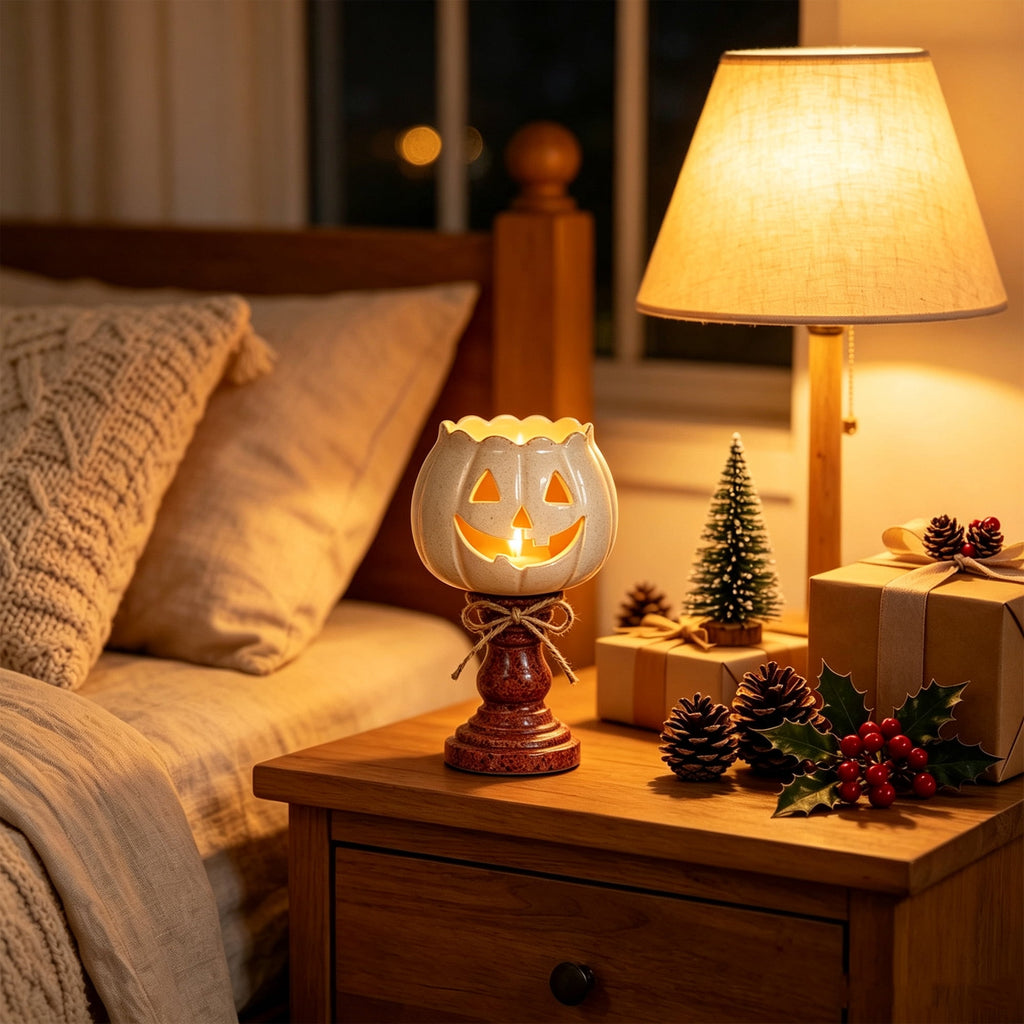 Halloween Lamp Indoor Tabletop Decorations, LED Lighted Wooden Pumpkin with Vintage Pedestal Stand and Rope Bow, 8.7 Inch Rustic Halloween Decor for Home Mantel Entryway