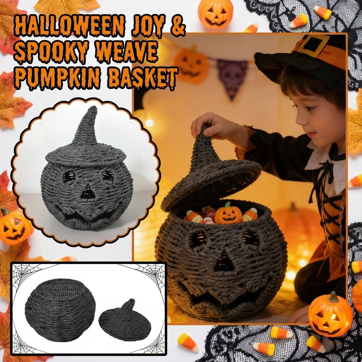 2026 Black Halloween Pumpkin, Halloween Seaweed and Pumpkin Decorations Fall Table Centerpiece for Autumn Fall Holiday Party Home Decor and Festive Fireplace Mantel Display , 11.8 Inch A