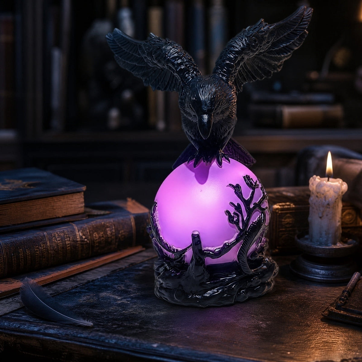 Gothic Mysterious Raven Lamp Light Sculpture, Resin Halloween Moonlight Luminous Crow Bird Led for Home Decor Gift, Bedroom Bedside, Living Room