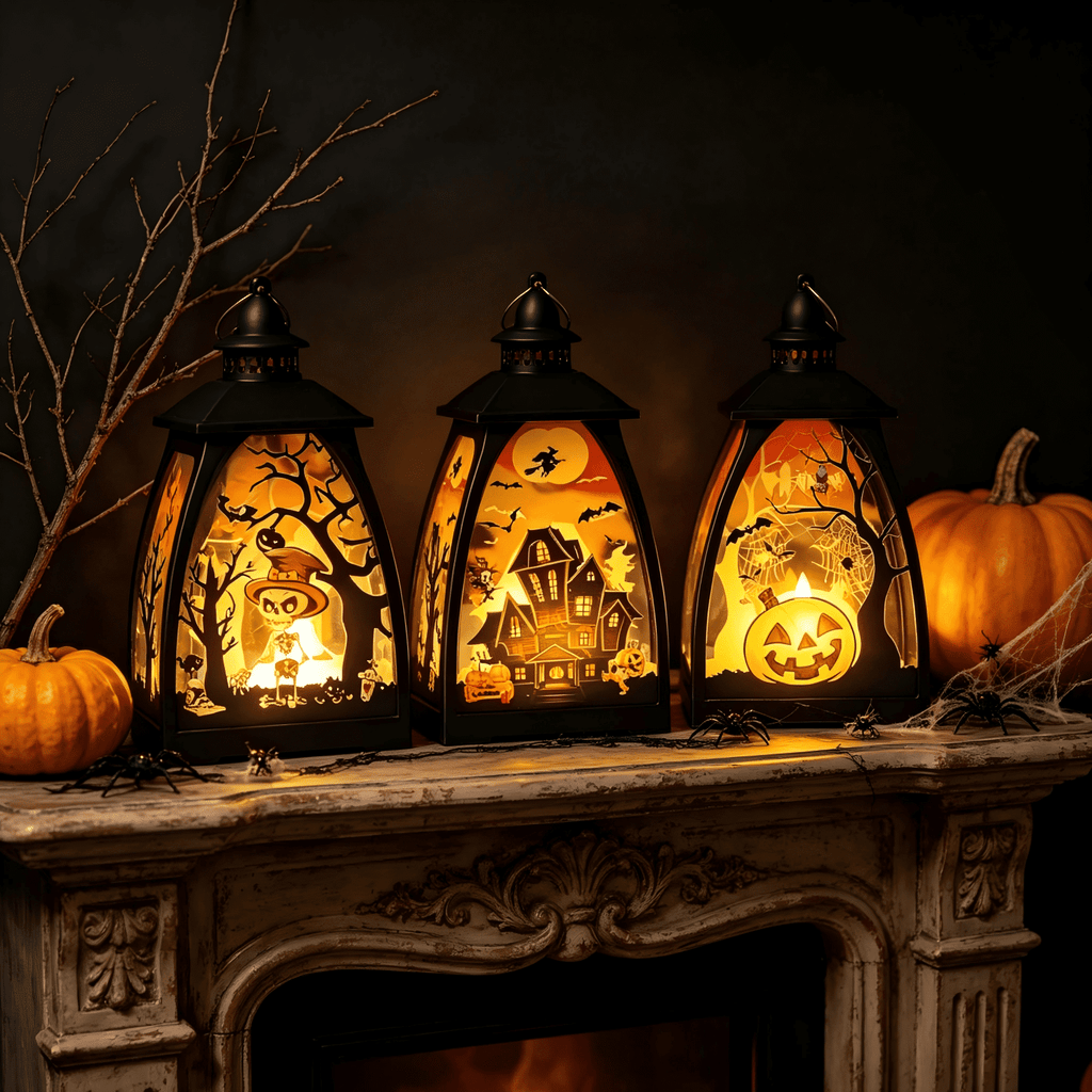 3 Pack Halloween LED Lantern Decor, Skeleton Haunted House Pumpkin Pattern, Battery Operated Tabletop Hanging Decor for Halloween Party Fireplace Mantel Indoor Home Decor