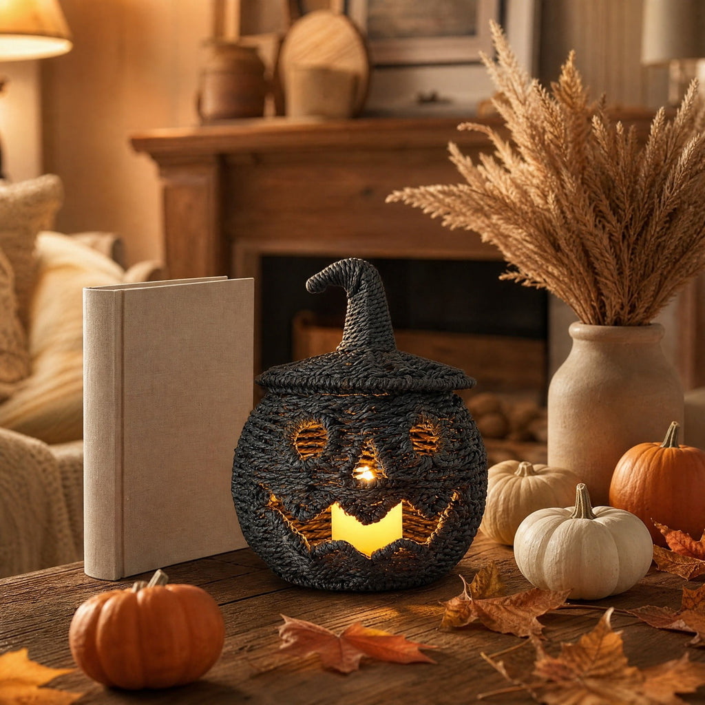 Sahpxhe Black Woven Pumpkin Basket with Lid Handmade Wicker Pumpkin Candy Baskets for Halloween Tabletop Mantel Candy Storage Decorations
