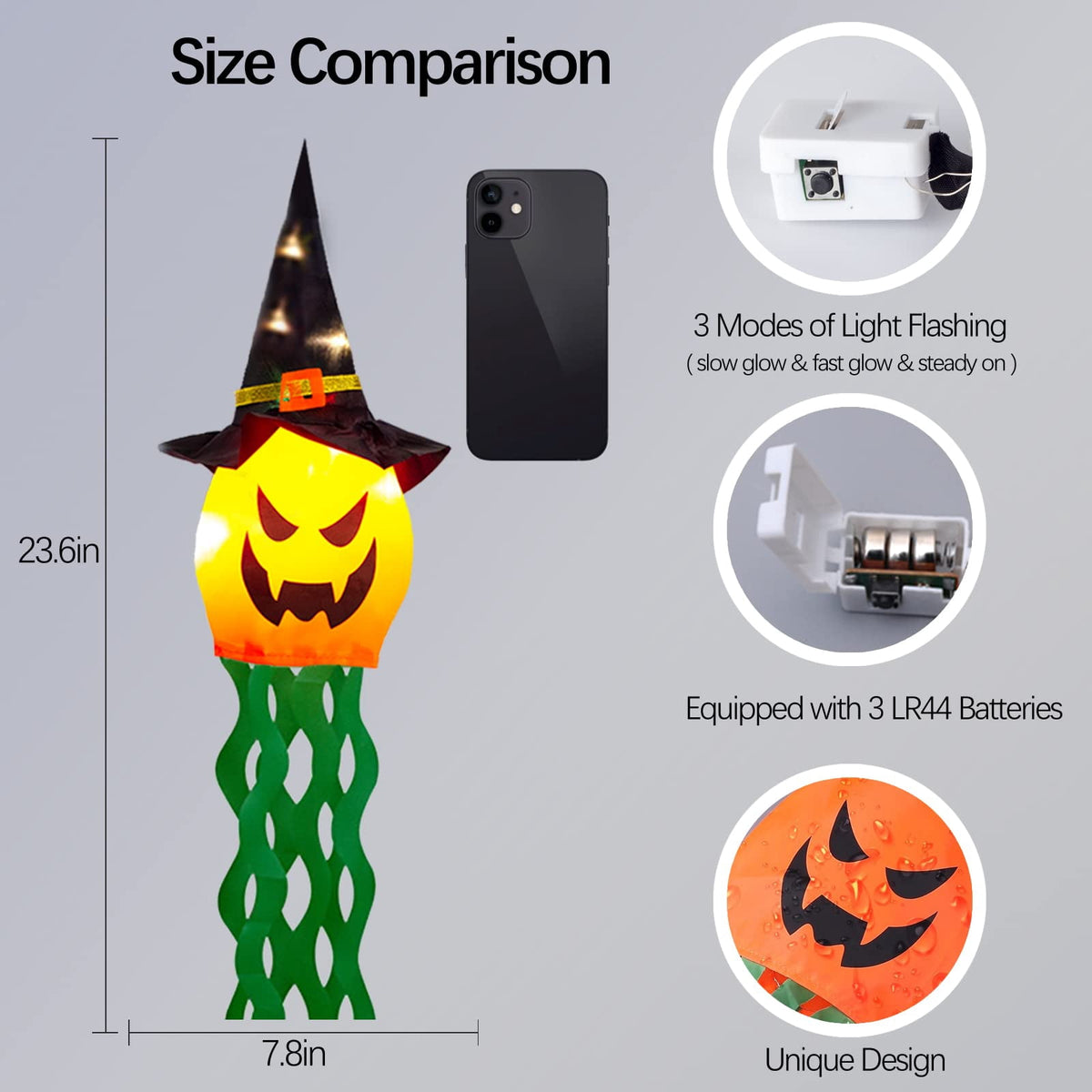 TETOU 5Pcs Halloween Decorations Outdoor Hanging Lights, Glowing Pumpkin Witch Hat Led Scary Light for Indoor Outside Party Tree Garden Porch Halloween Decoration - Warm Color