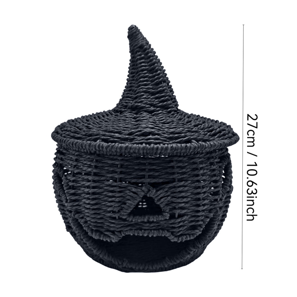 Aximioll Halloween Black Woven Jack-O-Lantern Pumpkin Decor, Hand Woven Rattan Wicker Style Statue, Trick or Treat Candy Bowl Lantern for Porch Entryway Fireplace Mantel Table, Black, 11 Inches