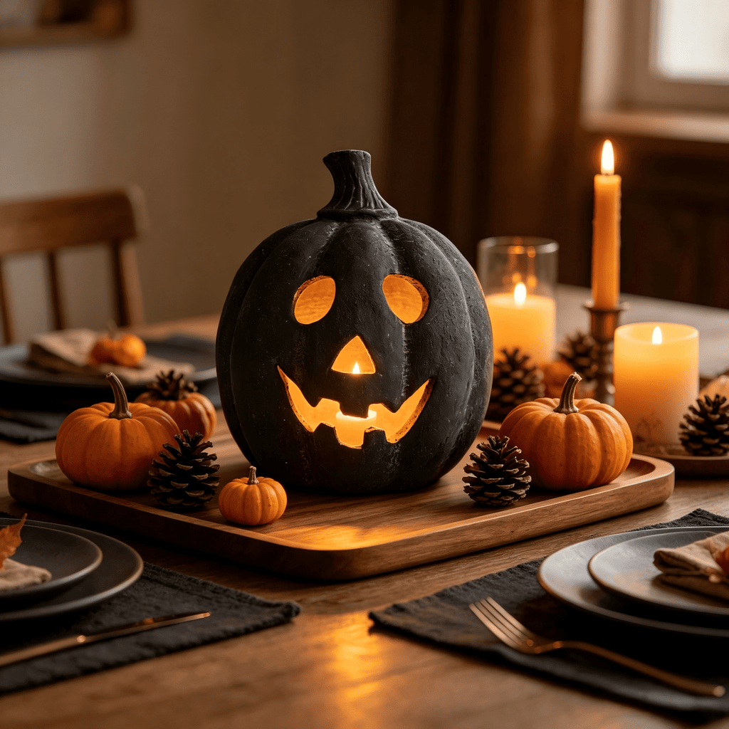 Halloween Decorations - 5.9" Black Handmade Resin Jack O Lantern Pumpkin Fall Decor, Indoor Outside Gothic Festival House Centerpiece Decoration for Table Garden Living Room Mantel