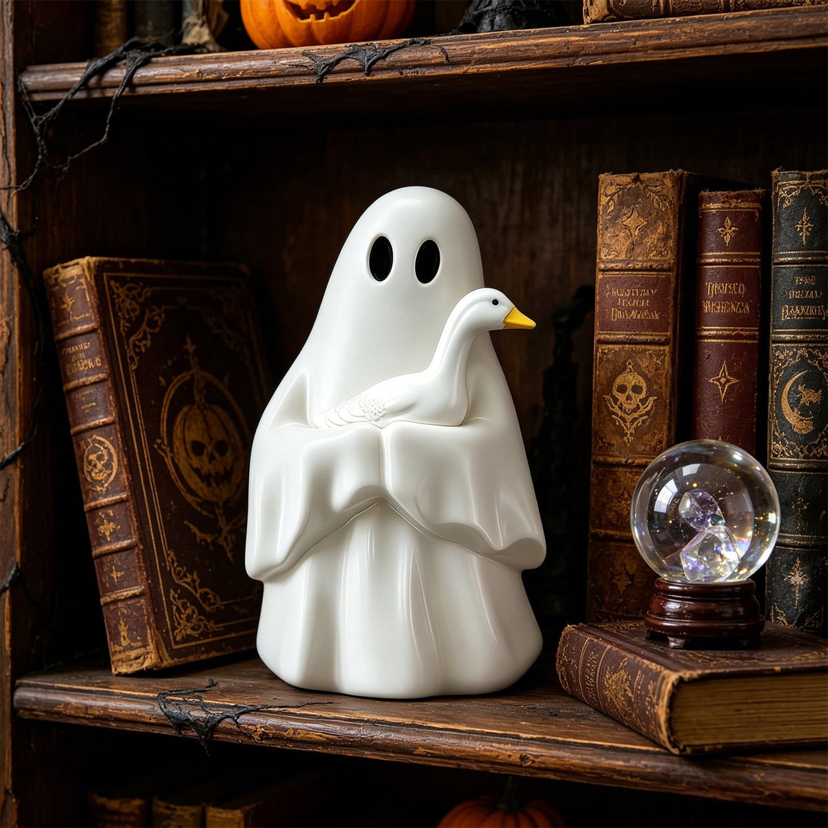 Halloween Ghost Figurine, Resin Lighted Ghost Ornament with Pumpkin Lantern & Beverage Cup, Tabletop Halloween Indoor Decor
