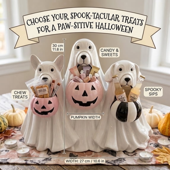 Ghost Dogs Figurine with Pumpkin Candy Bowl, Outdoor Safe Halloween Figurine Indoor Halloween Table Decor Halloween Decorations Indoor
