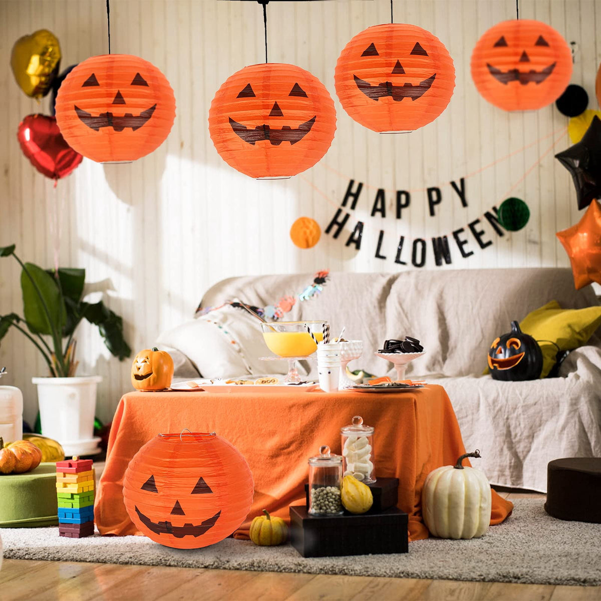 11 Inch Halloween Paper Pumpkin Lanterns Jack-O-Lanterns Hanging Halloween Decorations Outdoor Indoor Halloween Party Decorations - 8 PCS