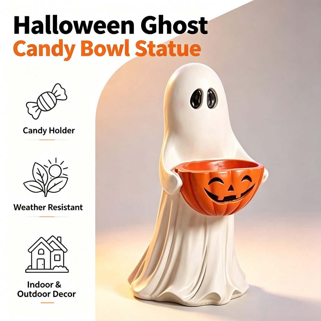 Halloween Ghost Statue with Jack-o-Lantern Pumpkin Candy Bowl, White Resin Ghost Figurine, Tabletop Candy Holder Ornament, Spooky Halloween Gift for Porch Yard Patio Indoor Home Party