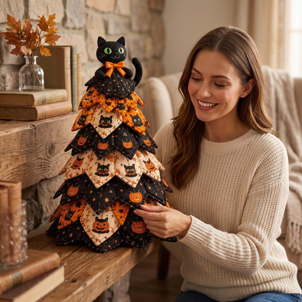 Halloween Fabric Trees - 11.8" DIY Halloween Quilted Fabric Tree Kit, Black Cat Pumpkin Witch Design, Sewing Patchwork Ghost Trees Holiday Table Mantel Decor, Handmade Gift for Craft Lovers