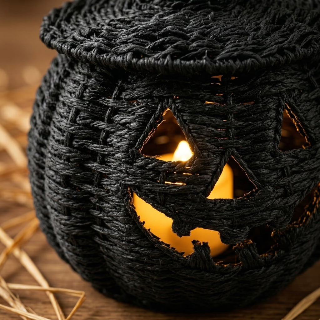 Sahpxhe Black Woven Pumpkin Basket with Lid Handmade Wicker Pumpkin Candy Baskets for Halloween Tabletop Mantel Candy Storage Decorations