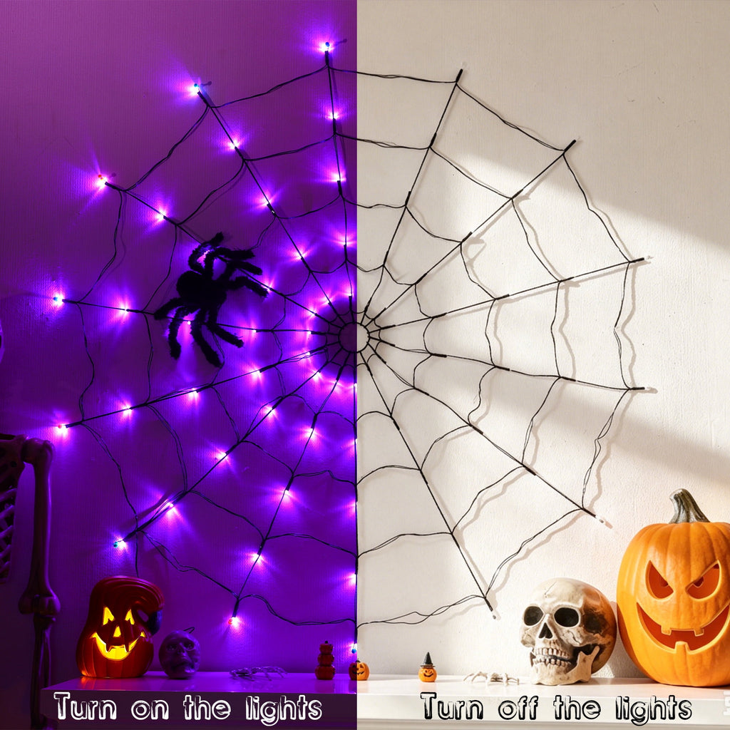 VOLIVO Halloween Spider Web Lights, 4FT Diameter 8 Modes Net Lights with Black Spider, Remote Control Waterproof for Indoor Outdoor (Purple)