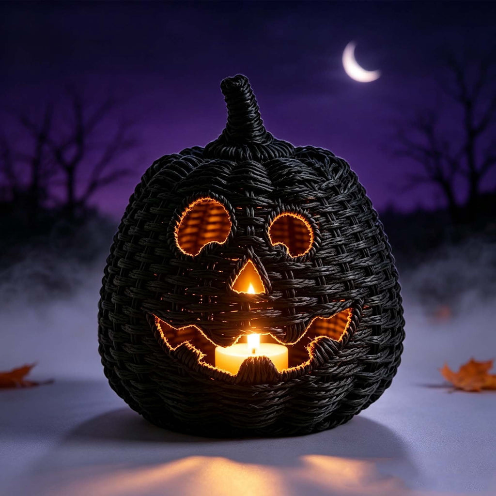 Sahpxhe Black Woven Pumpkin Basket with Lid Handmade Wicker Pumpkin Candy Baskets for Halloween Tabletop Mantel Candy Storage Decorations