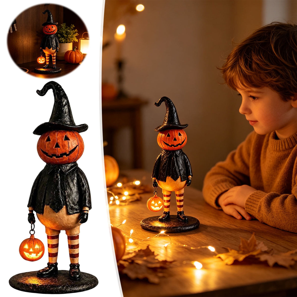 Fall Decorations for Home, 7.9in Lighted Halloween Scarecrow Dog Figurine, Resin Thanksgiving Halloween Garden Dogs Figurines for Autumn Harvest Porch Yard Garden Decor