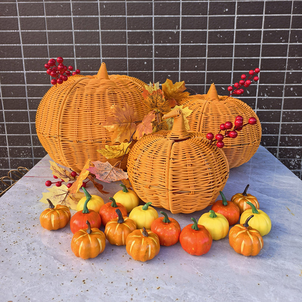 Handmade Rattan Pumpkin Decorations For Halloween Outdoor Fall Party Scene Set Of 3 In Natural Wood Tone