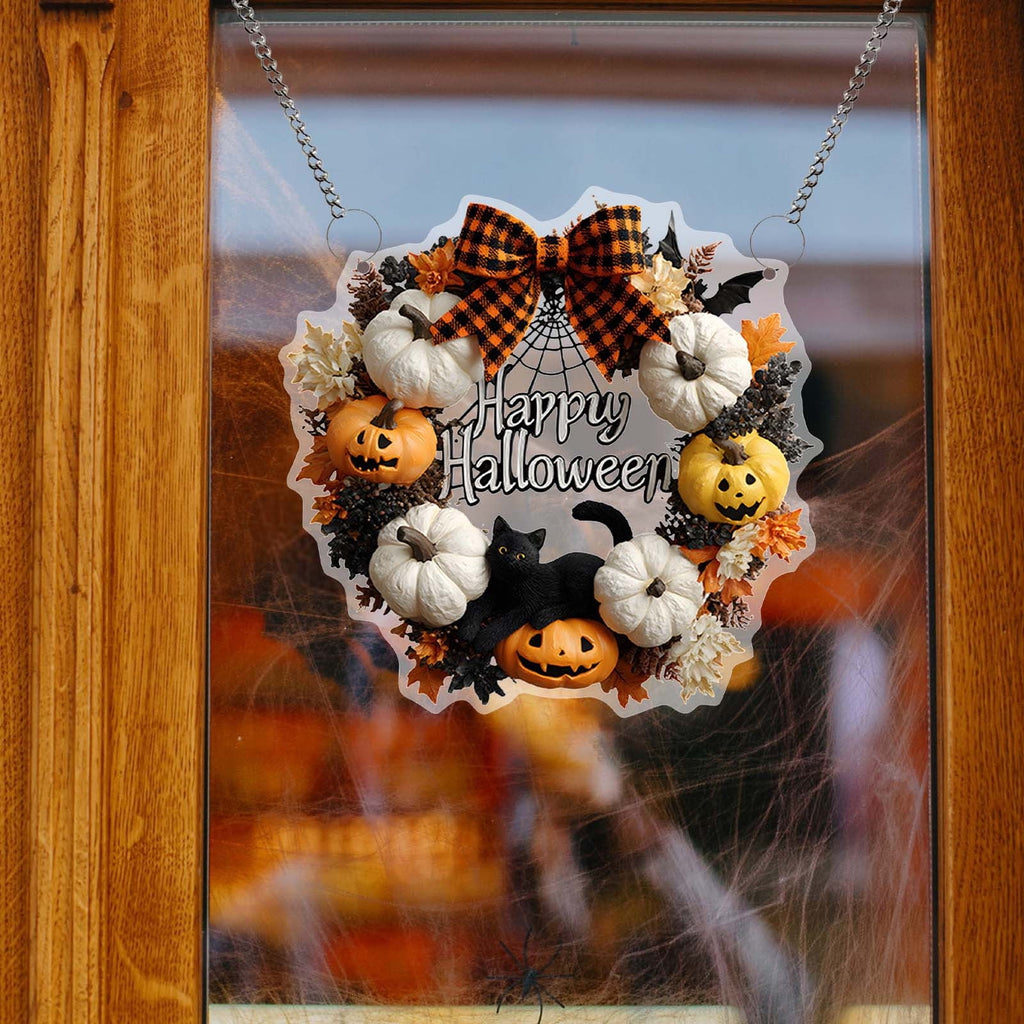 Halloween Fall 2D Pendant,2026 Front Door Pumpkin Skull Wreath,Maple Leaves Decorations Outdoor Indoor for Table Centerpiece Thanksgiving,Colorful Acrylic Round Disk Hanging Ornament,Window