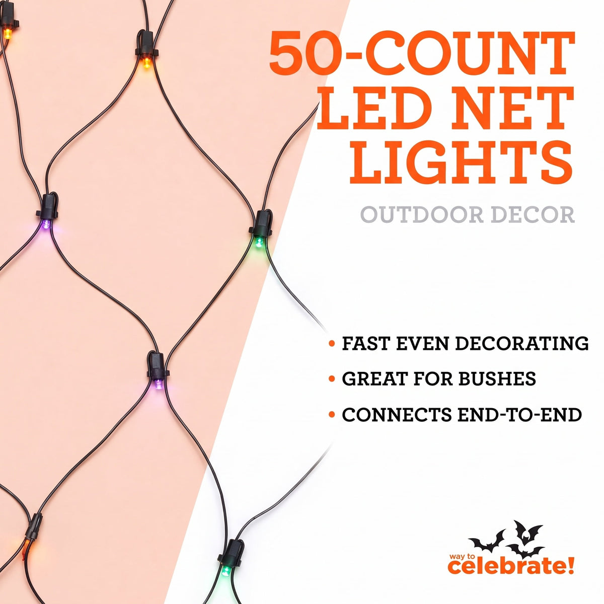 Indoor/Outdoor 50-Count LED Net Lights, Multicolor, 4' x 4', Halloween by Way To Celebrate