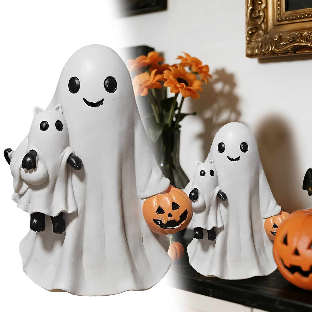 1Pc Halloween Ghost Holding Black Cat and Pumpkin Ornaments,Resin Figurine Holding Pumpkin Decor Cute Handmade Tabletop Statue Perfect for Halloween Home Decoration(White)