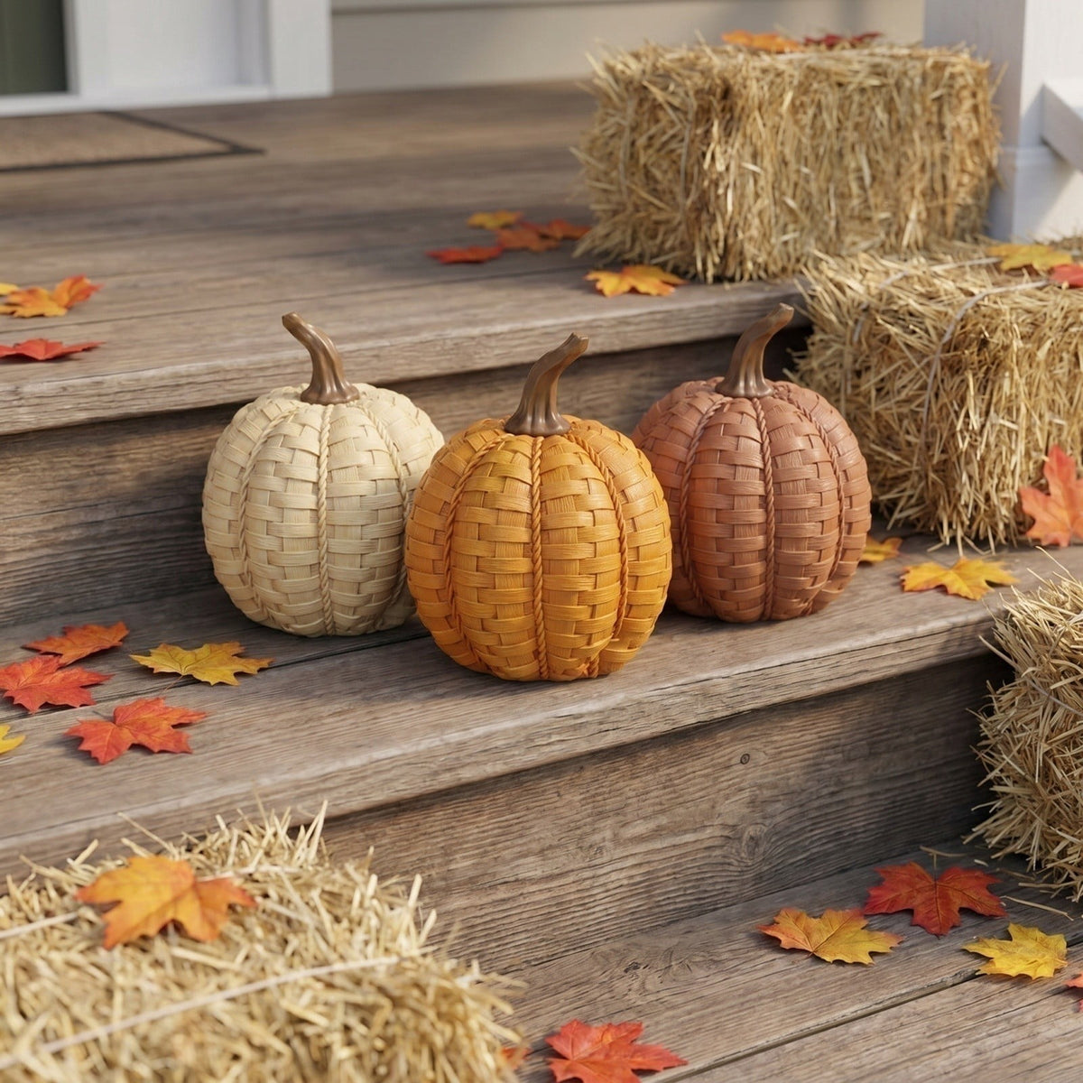 Halloween Resin Faux Pumpkin Decor – 11cm Tall Simulated Woven Pattern Pumpkin Ornament – Halloween Party Decorations for Yard Garden Holiday Layout