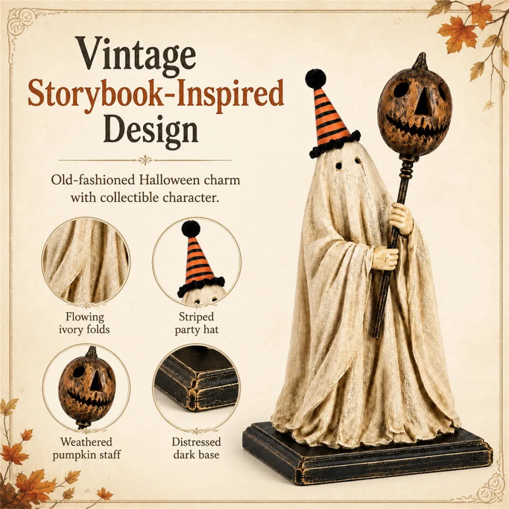 Win s Way Lighted Vintage Patchwork Ghost Decor Glowing Ghost Figurine with Pumpkin Lantern Farmhouse Style Light Up Statue for Mantel Shelf Entryway Table Fall Decorations