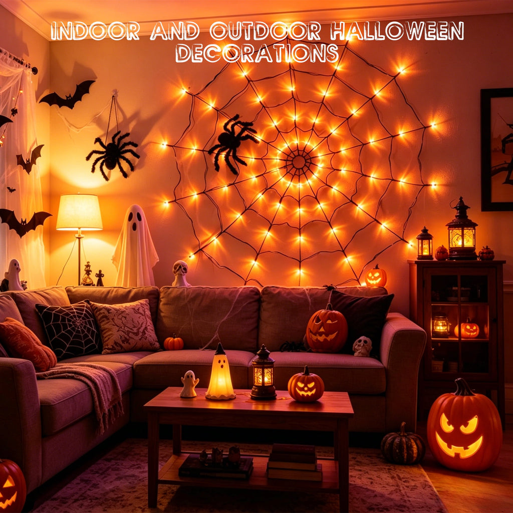 VOLIVO Halloween Spider Web Lights, 4FT Diameter 8 Modes Net Lights with Black Spider, Remote Control Waterproof for Indoor Outdoor (Purple)