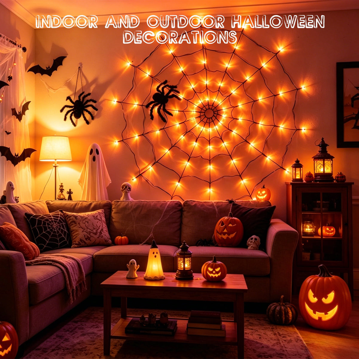 VOLIVO Halloween Spider Web Lights, 4FT Diameter 8 Modes Net Lights with Black Spider, Remote Control Waterproof for Indoor Outdoor (Purple)