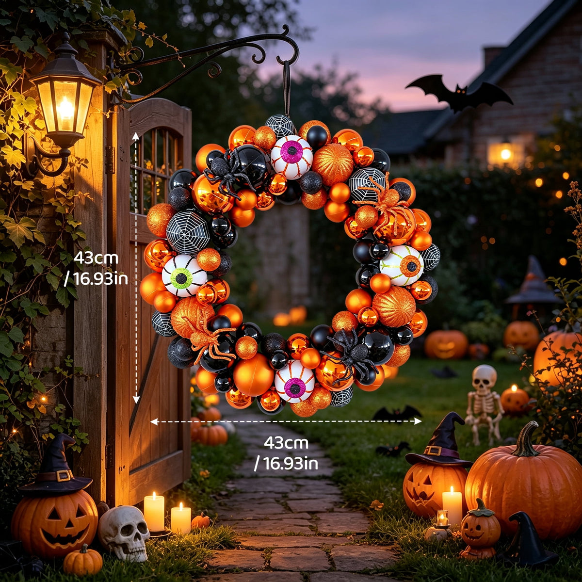Godance 16 Inch Orange Halloween Spider Ball Wreath for Front Door, Halloween Treat-or-Trick Door Wreath Plastic Ball Ornament for Halloween Indoor Decorations Centerpiece Party Holiday Wall Decor