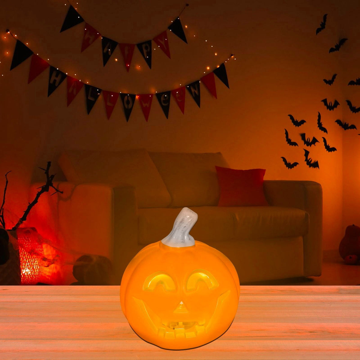 Coollooc Halloween Pumpkin Lantern Decor - Battery Powered Light Up Jack-O-Lantern for Backyard Lawn Garden Indoor Fireplace Mantle Outdoor Decorations, 5 Inch Smile Face