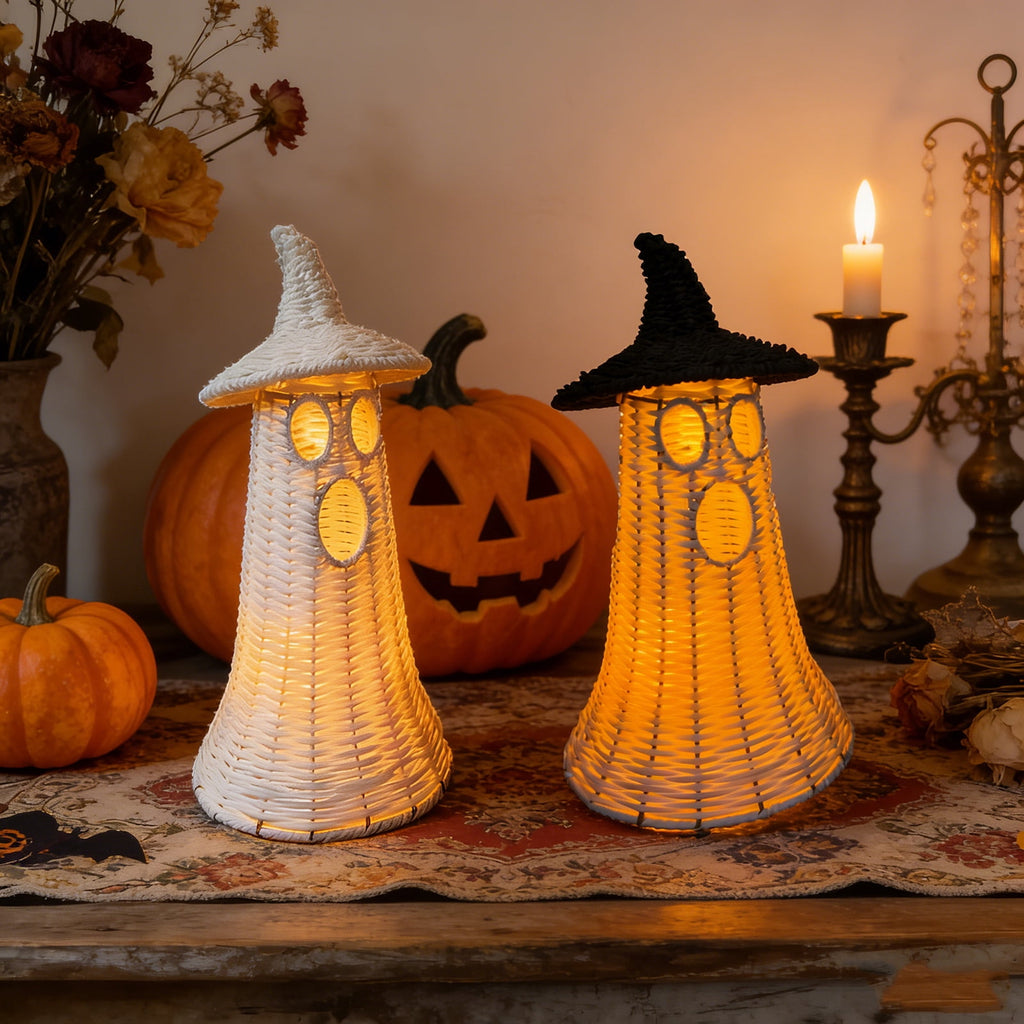 Handwoven Rattan Ghost Lantern with Witch Hat - 13.78 Inch White Wicker Ghost Decor, Light Up Halloween Decorations for Indoor Outdoor, Porch, Patio, Spooky Home Decor, Fall Harvest