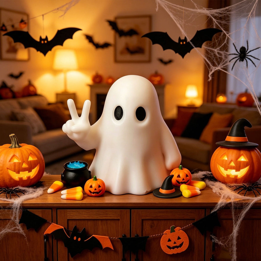 Halloween Ghost Figurine, Resin Lighted Ghost Ornament with Pumpkin Lantern & Beverage Cup, Tabletop Halloween Indoor Decor