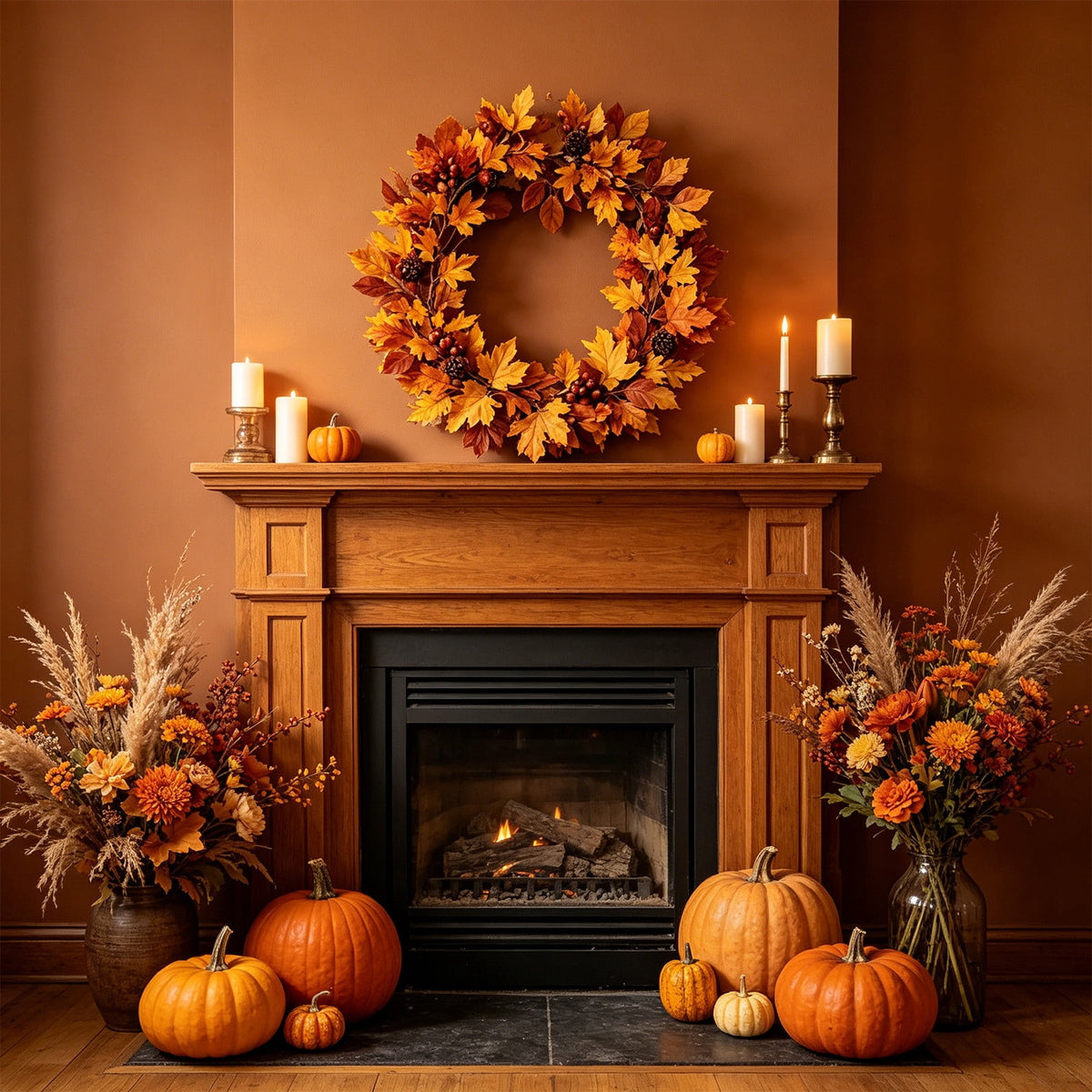 Fall Maple Leaf Front Door Wreath, Multicolor Plastic Seasonal Wreath for Halloween Thanksgiving Christmas Indoor Wall Fireplace Home Decor, 9.84 Inch