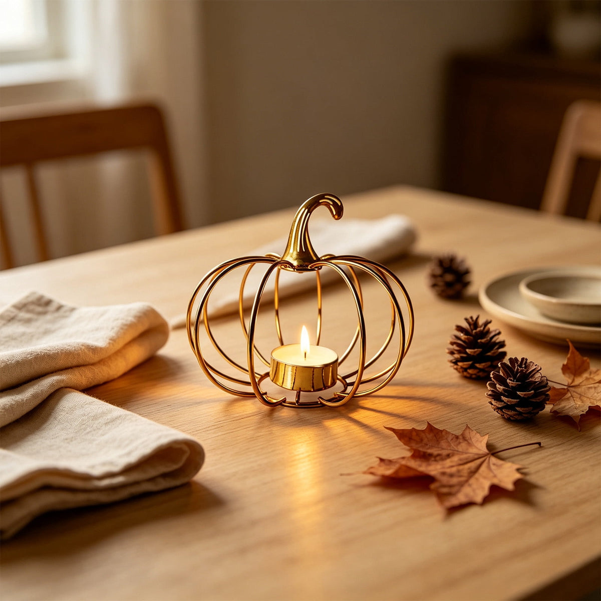 romoty Metal Wire Pumpkin Candle Holder, Vibrant Orange Iron Tealight Stand Tabletop Centerpiece Accent Halloween Thanksgiving Fall Harvest Dining Room Decoration