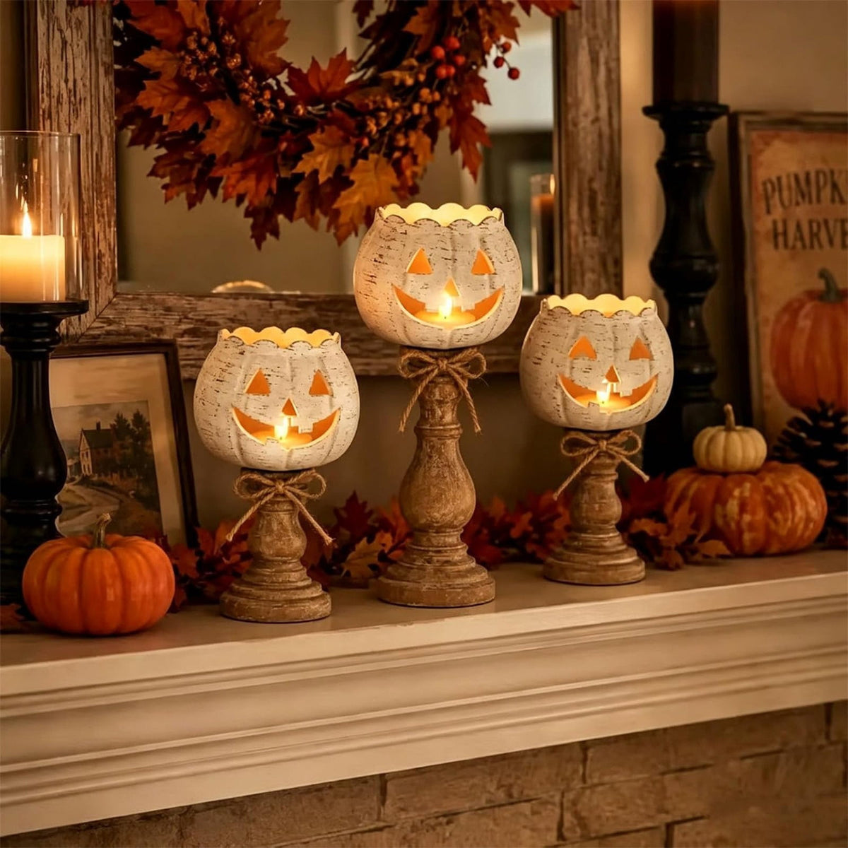 Halloween Lamp Indoor Tabletop Decorations, LED Lighted Wooden Pumpkin with Vintage Pedestal Stand and Rope Bow, 8.7 Inch Rustic Halloween Decor for Home Mantel Entryway