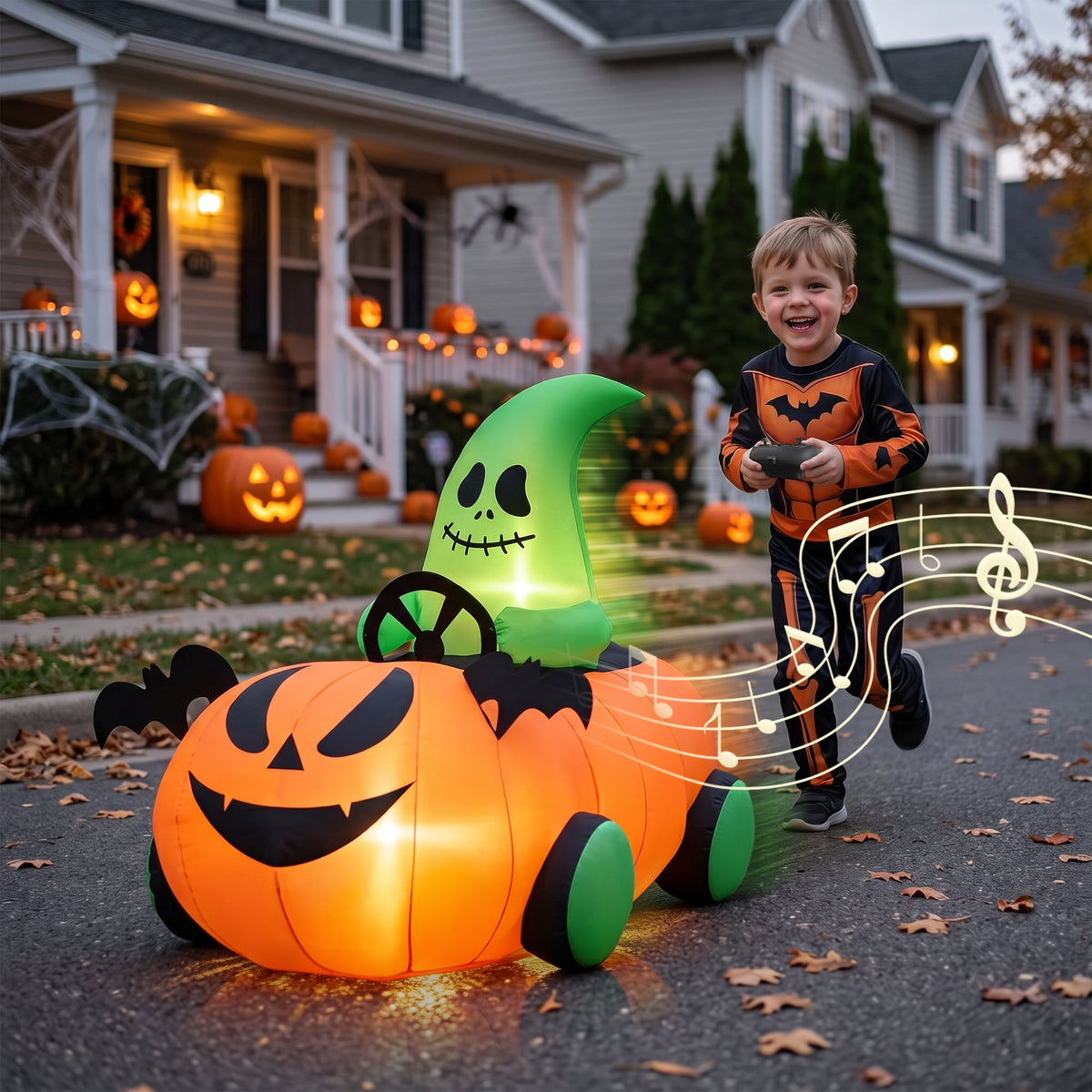 Firstness 2.4GHz Remote Control Car Halloween Inflatable Pumpkin Spider Blow ups Rc Car 360° Rotation, 3 Music and LED Lights,Aged 3+