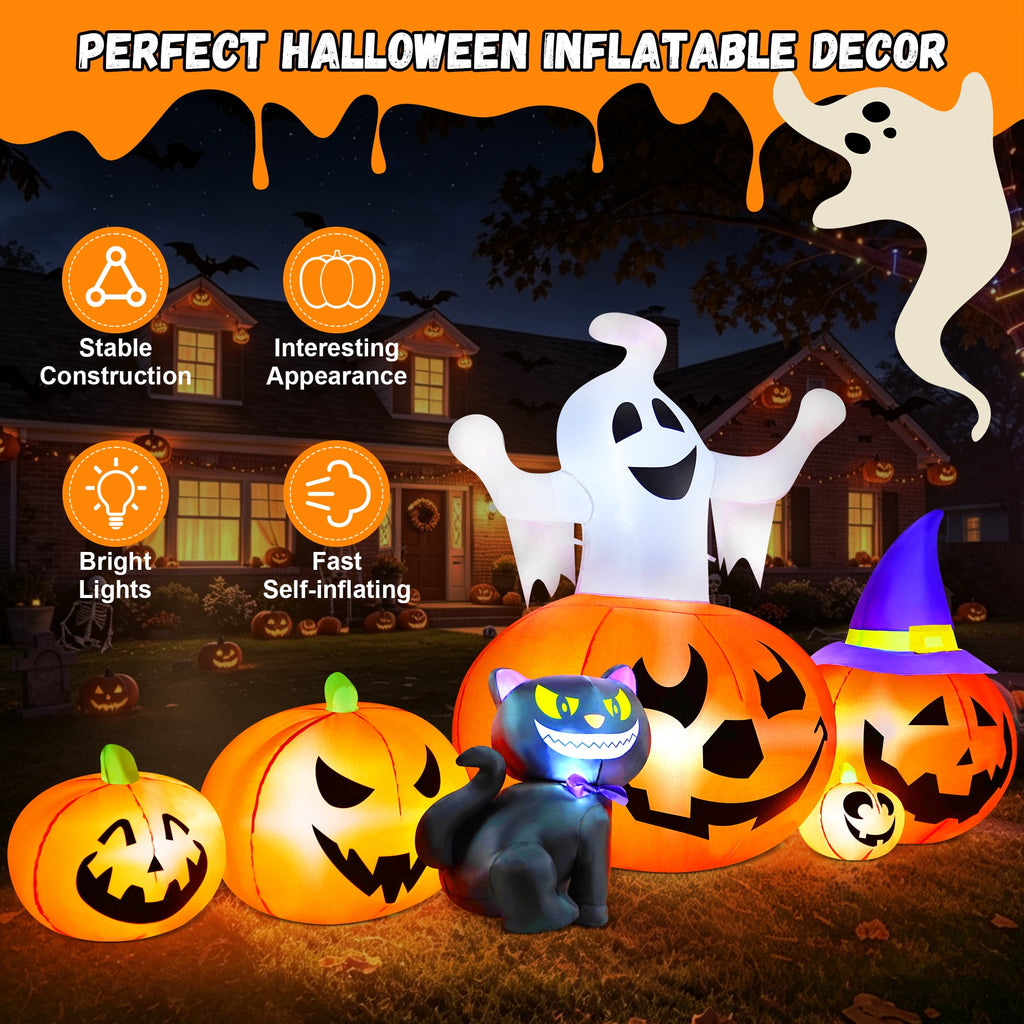 Yexmas 8FT Halloween Inflatable Decoration with Ghost, Black Cat and Pumpkins,Built-in LED Lights, Blow Up Halloween Yard Decor for Indoor/Outdoor Party,Yard, Lawn