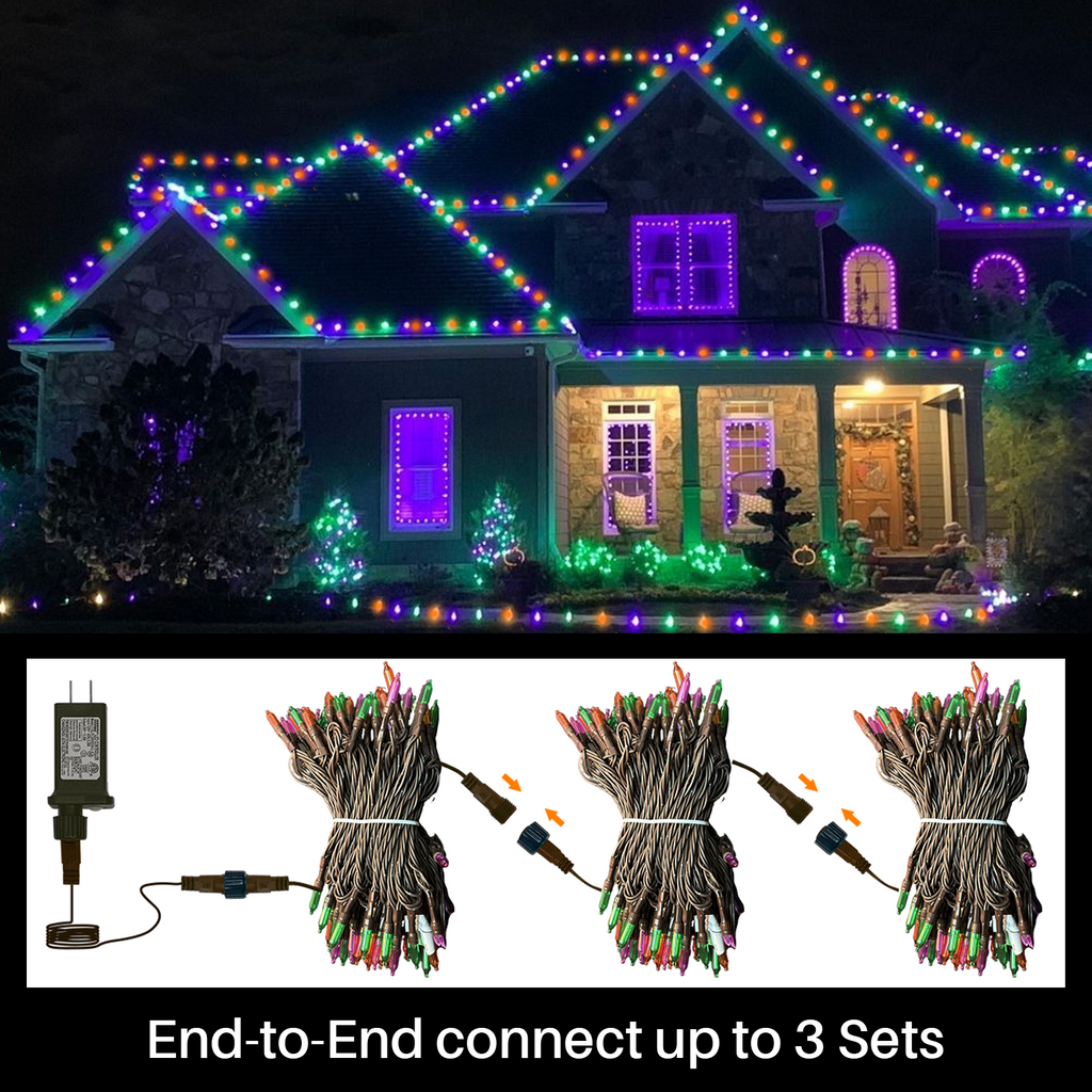 LAMPHOME Orange Purple Green Halloween String Lights Outdoor, 32.5FT 100 LED Waterproof Christmas Lights with 16 Lighting Modes for Halloween Garden Party Christmas Xmas Tree Lights Decor