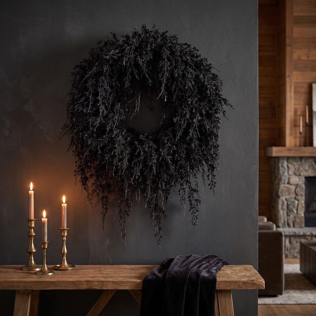 Halloween Black Garland with LED Lights 70.87 Inch Gothic Foliage for Mantel Stair Halloween Party Home Indoor Decor