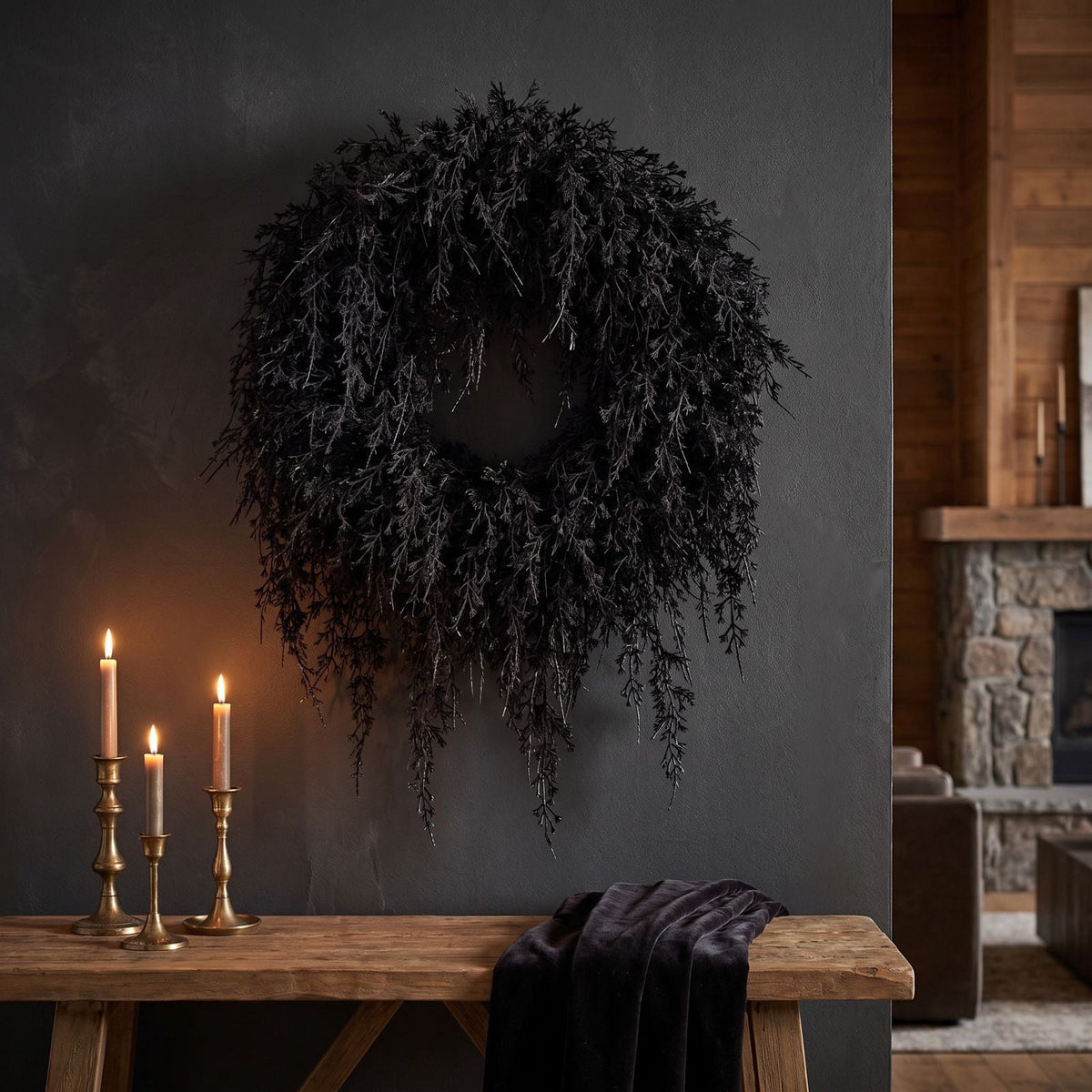 Halloween Black Garland with LED Lights 70.87 Inch Gothic Foliage for Mantel Stair Halloween Party Home Indoor Decor