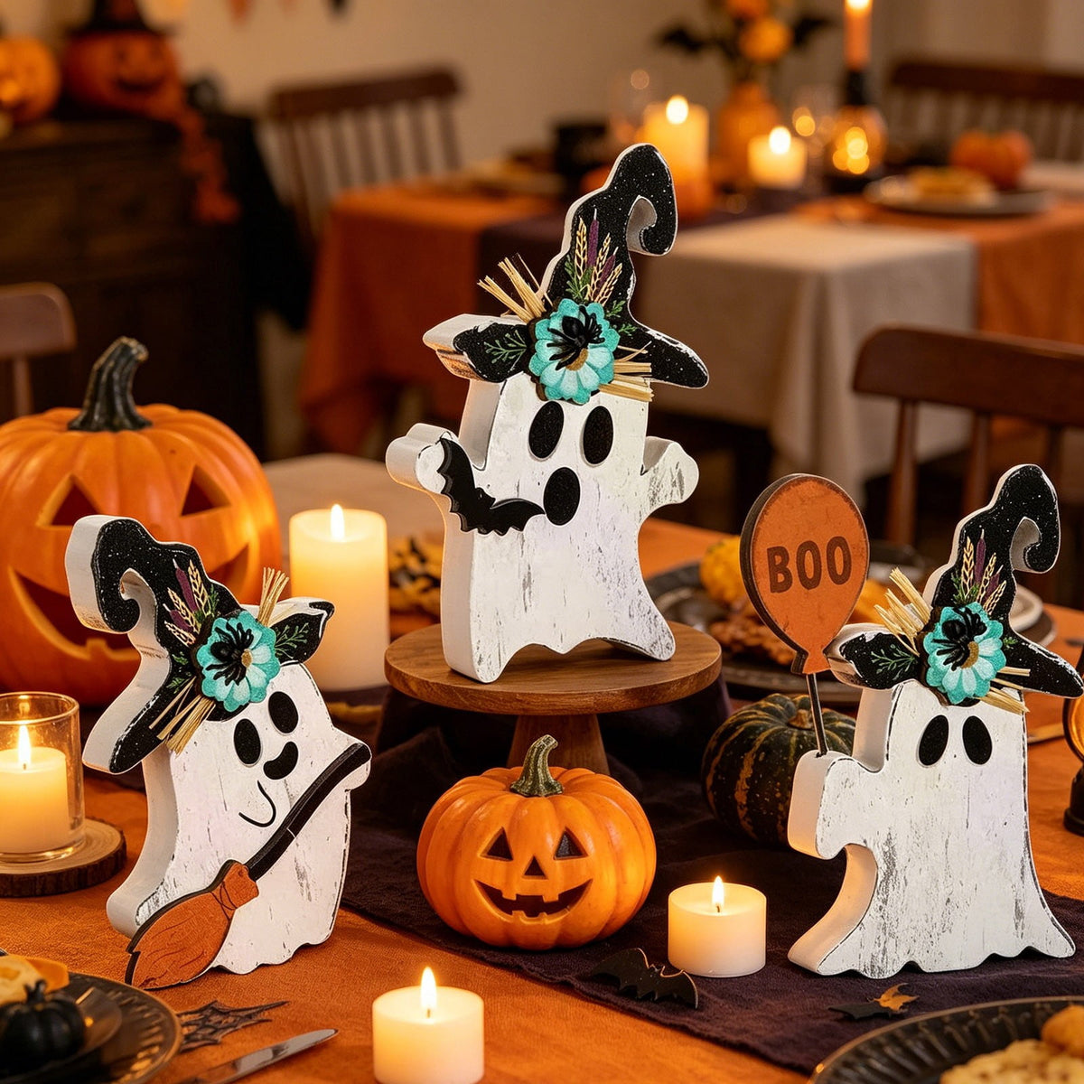 Halloween Ghost Figurine, Resin Lighted Ghost Ornament with Pumpkin Lantern & Beverage Cup, Tabletop Halloween Indoor Decor