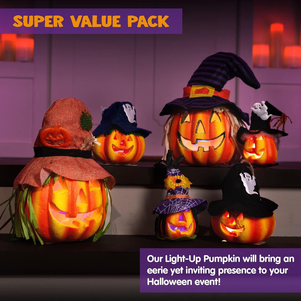 Joyfy 5 Pcs Light Up Halloween Pumpkin Decor Jack O Lantern Decorations Outdoor Indoor, Plastic Large Trick Or Treat Table Top Party Supplies Favors