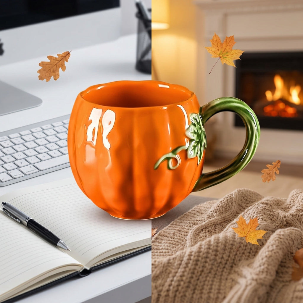 Cute Pumpkin Handmade Ceramic Mug with Dust Lid, Thanksgiving Halloween Coffee Cup for Office, Creative Water Cup Holiday Gift for Friends Family Coworkers Kitchen Home Decor