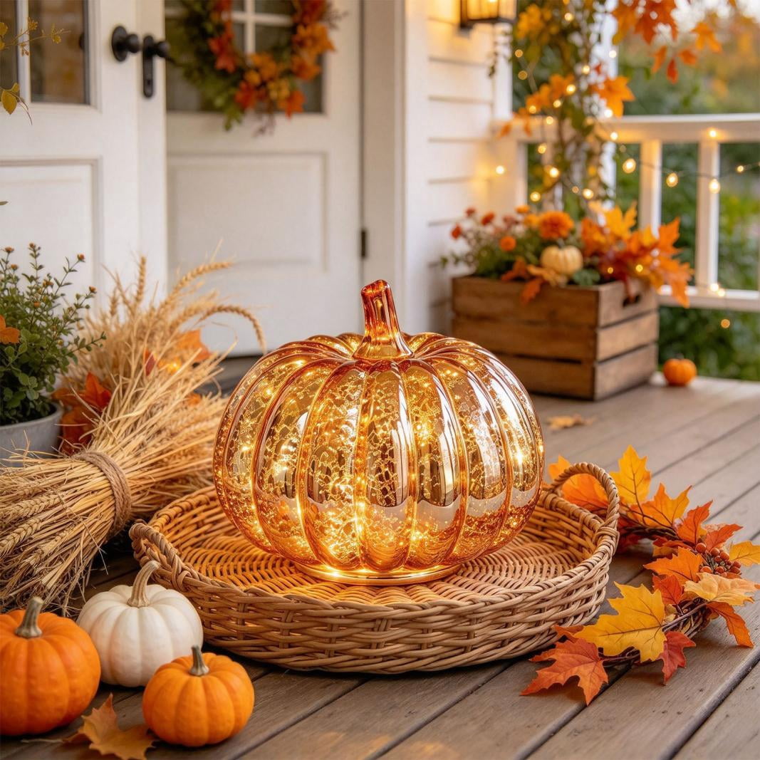 Fall Mercury Glass Light up Pumpkin Decor Fall Decoration for Home Thanksgiving Lamps for Festive Decoration Halloween Decorations Starry Night Pumpkins Tabletop Centerpiece Fall Home Decor