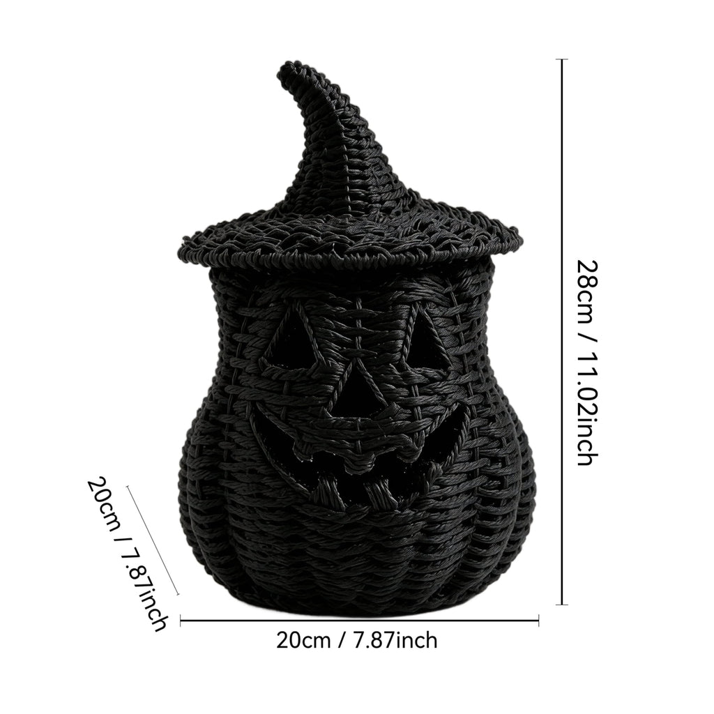 Aximioll Halloween Black Woven Jack-O-Lantern Pumpkin Decor, Hand Woven Rattan Wicker Style Statue, Trick or Treat Candy Bowl Lantern for Porch Entryway Fireplace Mantel Table, Black, 11 Inches