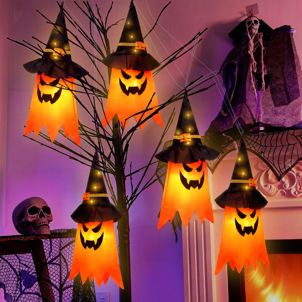 Scidweet Halloween Decorations Indoor Outdoor, 5 Pcs Halloween Lights Glowing Ghost Witch Hat Ornaments Gifts for Home Garden Yard