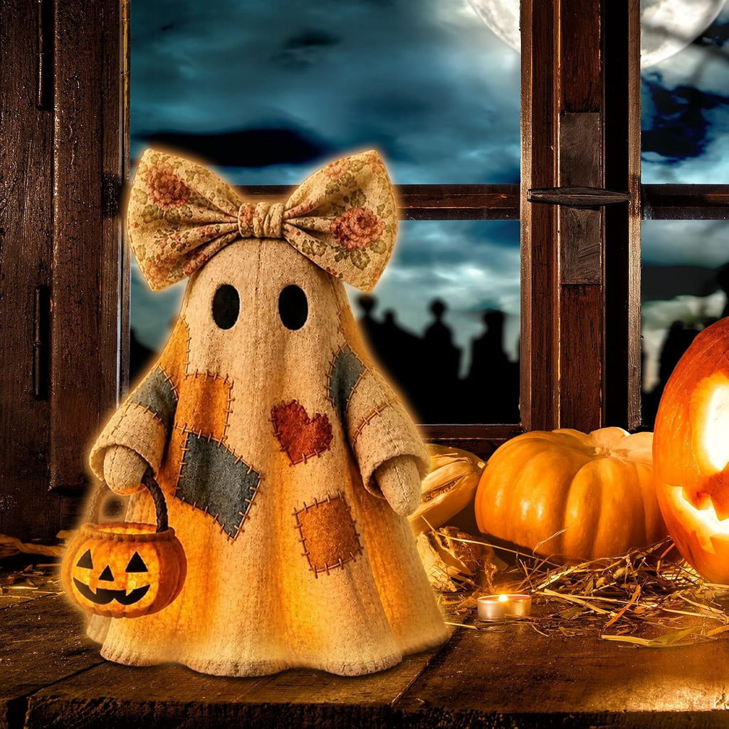 Lighted Vintage Patchwork Ghost, Light Up Ghost with Pumpkin Lantern Halloween Decor, Resin Ghosts Lamp, Rustic Fall Figurine Decoration for Tabletop Mantel Shelf Entryway Porch-9.44"