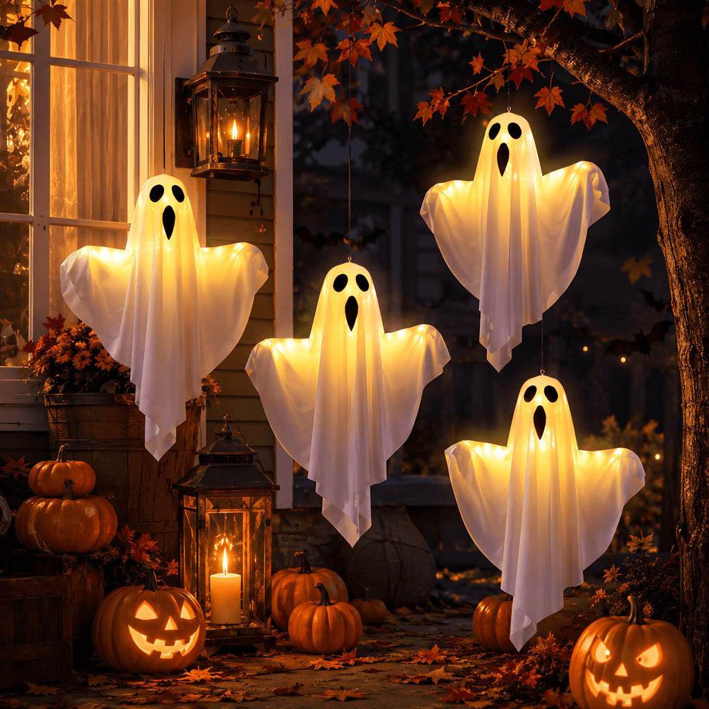 DAYBETTER Halloween Hanging Ghosts Decoration, LED White Ghost Light Up Kit Decor with adjustable arms for Indoor Outdoor Garden Yard Porch Scary Cute Halloween Ghost Decor Gifts (2 Pack)