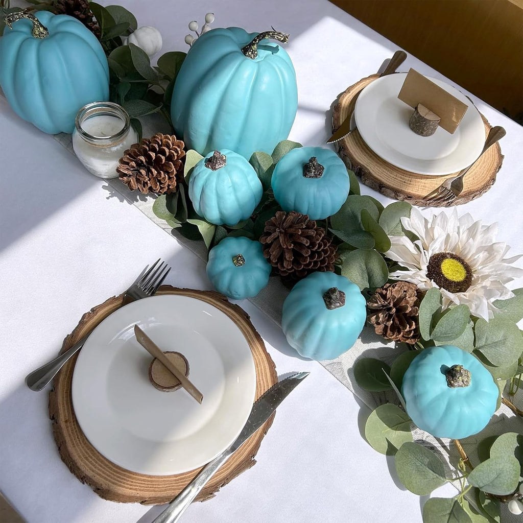 Foraging dimple 7 Pcs Assorted Harvest Orange Artificial Pumpkins Decorative Pumpkins Foam Pumpkins with Gold Stems for Fall Harvest Autumn Home Wedding Thanksgiving Halloween Party