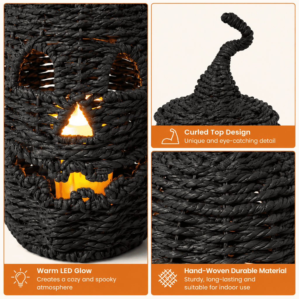 Handwoven Rattan Ghost Lantern with Witch Hat - 13.78 Inch White Wicker Ghost Decor, Light Up Halloween Decorations for Indoor Outdoor, Porch, Patio, Spooky Home Decor, Fall Harvest