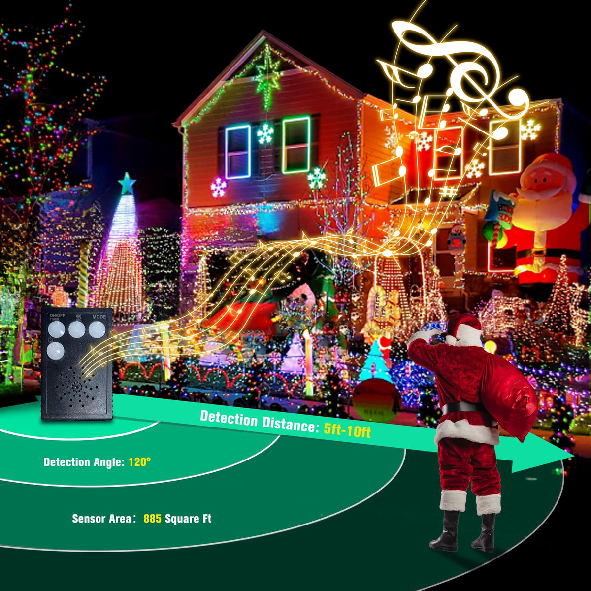 Ceevoo Christmas Lights Outdoor, 82ft 200 LED Christmas String Lights with Music, Plug in Motion Sensor Waterproof Holiday String Light for Indoor Outdoor Home Party Tree Garden Yard Decor